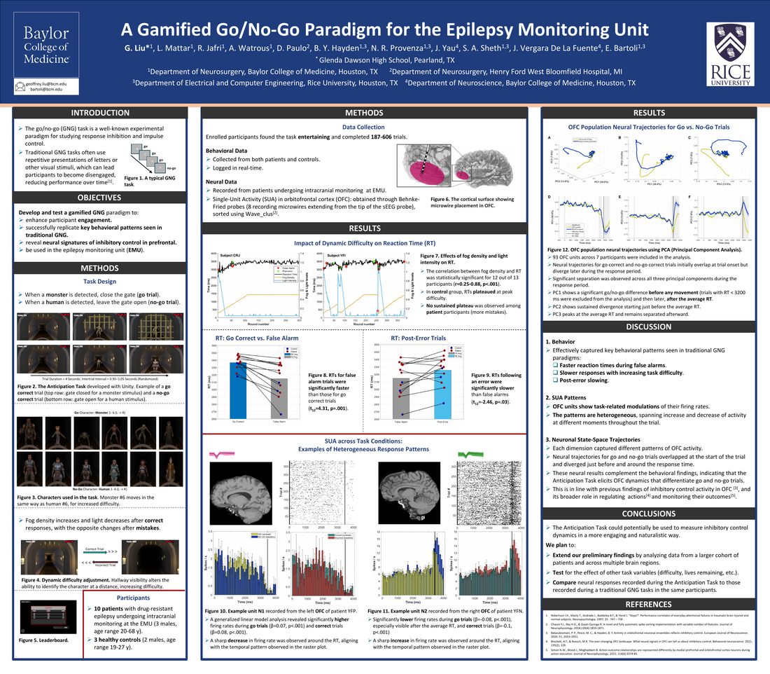 First page of Geoffrey Liu's Society for Neuroscience poster, 'A Gamified Go/No-Go Paradigm for the Epilepsy Monitoring Unit'
